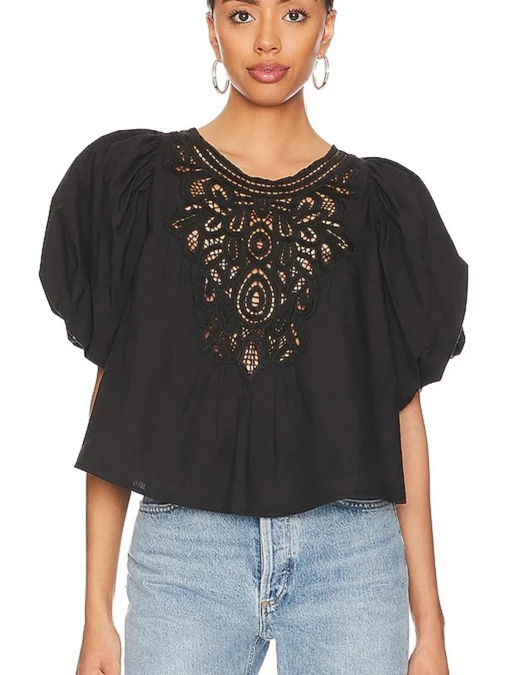 Free People Bardot Lace Puff Sleeve Top Black – Size Small
